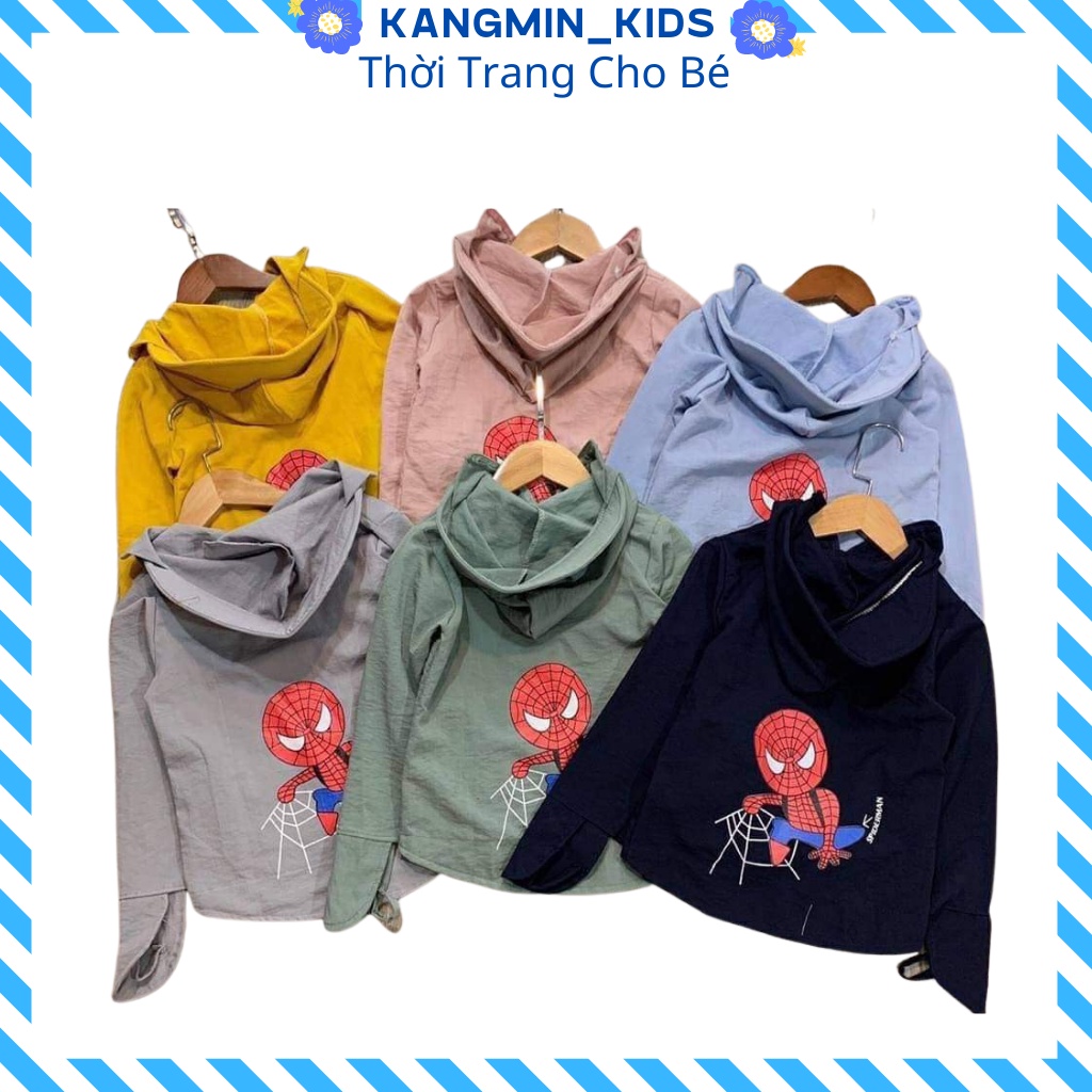 Áo choàng chống nắng cho bé trai Kangmin kids, áo khoác cho bé trai in hình người nhện siêu nhân từ 6- 20kg ANO1