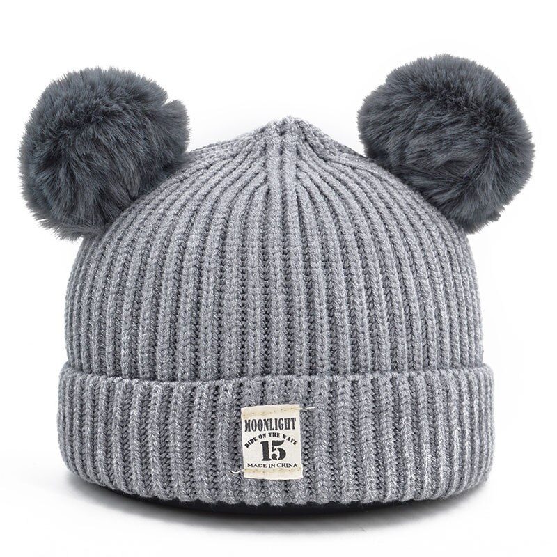 Mũ Beanie Đan Len Dày Dặn Màu Trơn Đính Hai Quả Bông Dễ Thương Thời Trang Thu Đông Cho Bé 3-24 Tháng Tuổi