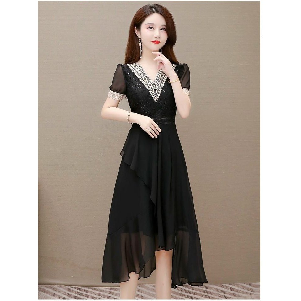HÀNG QC - ĐẦM XÒE REN KIM SA PHỐI VOAN CỔ V - ZBT454350