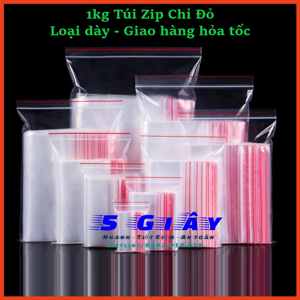 1 Kg Túi zip chỉ đỏ (zip PE, zip lock, zip viền đỏ) loại dày – 5 giây