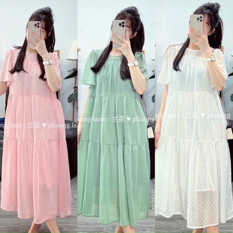 Váy bầu vải voan chấm bi trắng  fashion 2 lớp ,mềm mát mịn