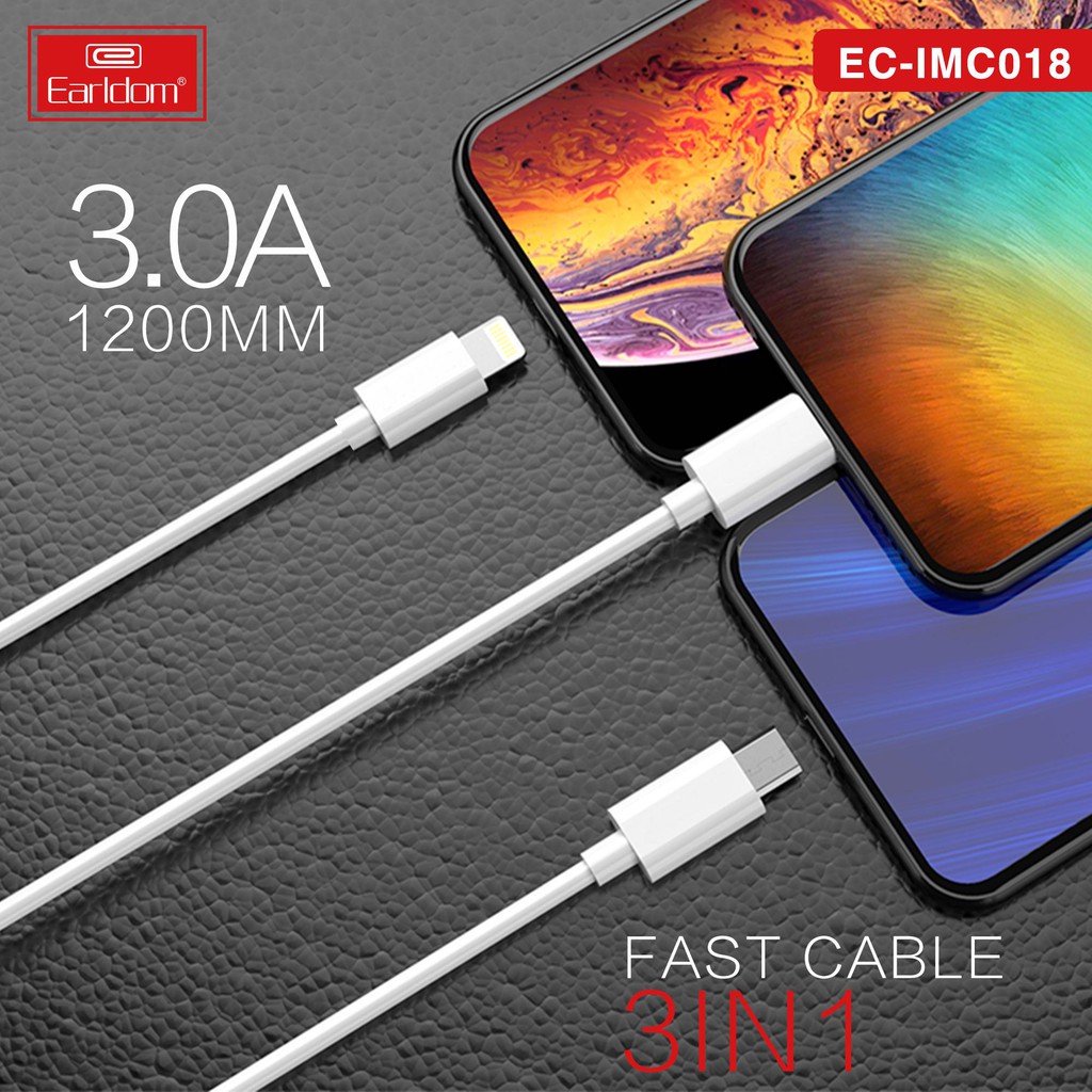 Dây sạc 3 trong 1 Earldom IMC-018, Cáp sạc 3 in 1 sạc nhanh cho Iphone, SamSung, Xiaomi dài 120cm