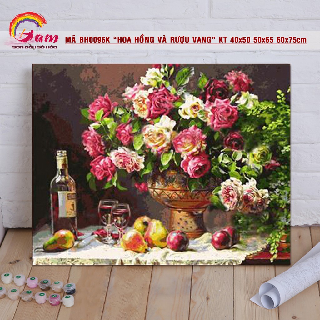 Tranh sơn dầu số hóa tự tô màu theo số GAM - Mã BH0096K Hoa hồng và rượu vang