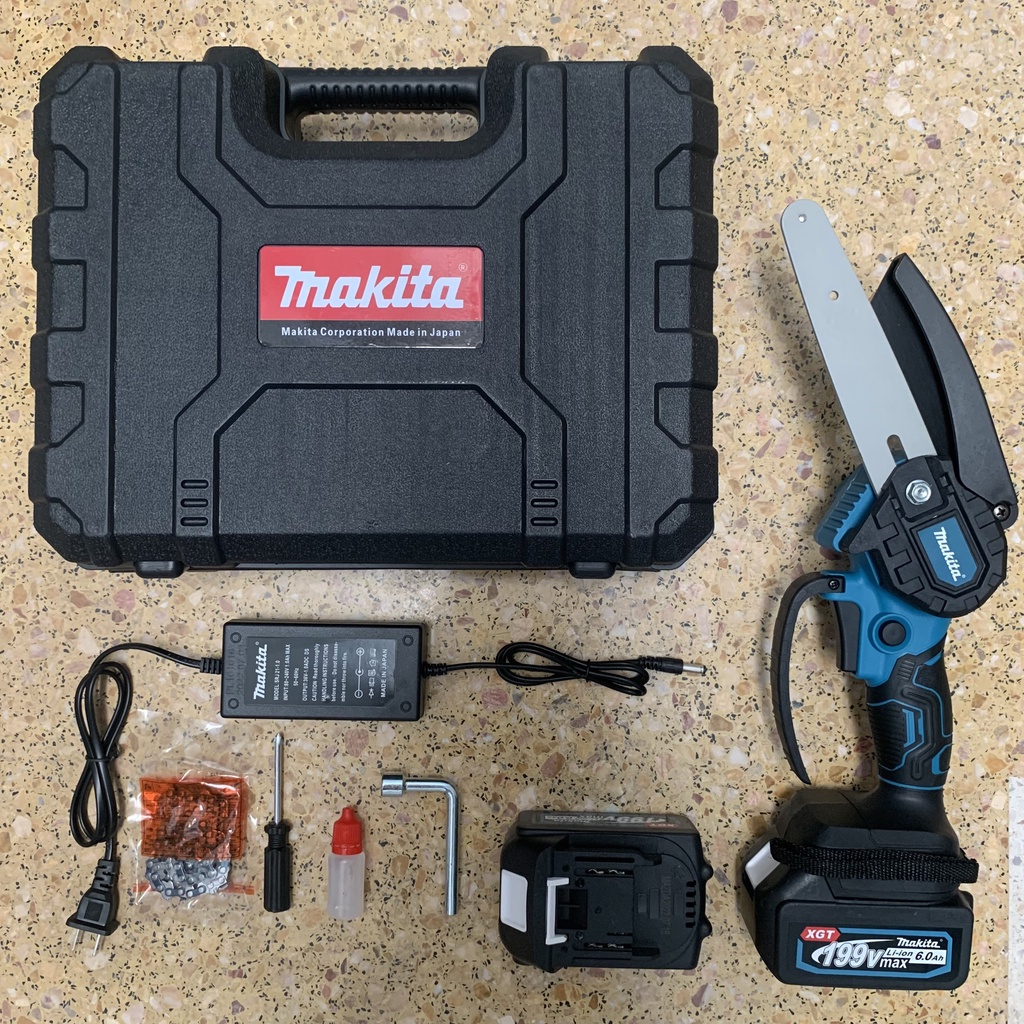 Máy cưa xích Makita 199v, Máy cưa pin cầm tay pin 10cell cắt gỗ tỉa cành cây động cơ mạnh mẽ, bảo hành 12 tháng