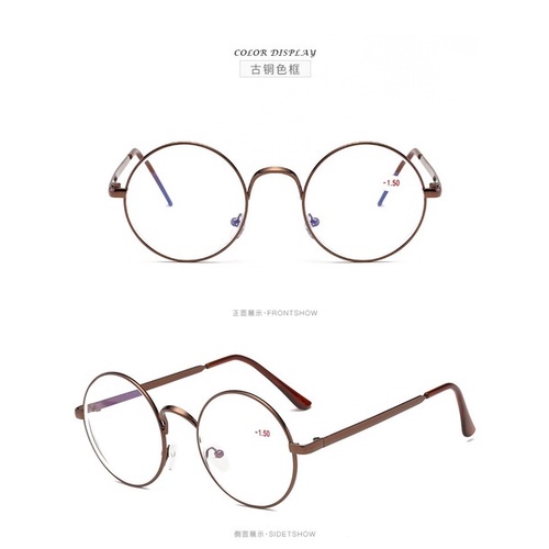 【100°-400° Kính cận gọng tròn lớn kim loại chống bức xạ phong cách Retro