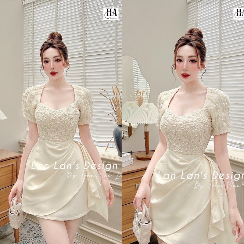 Váy cổ U ren hoa phối váy tacta tà eo siêu hót