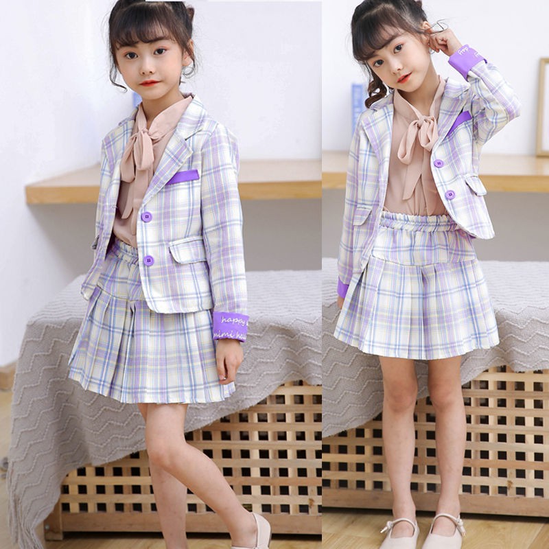 Bộ đồ ba mảnh kẻ sọc cho bé gái, kiểu mới mùa thu tây, váy đỏ lưới, mẹ-con thời trang dành trẻ em lớn