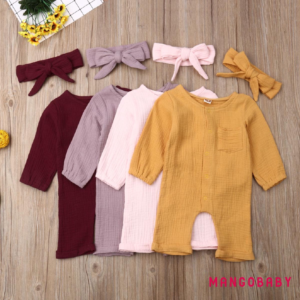 Bộ Áo Liền Quần Cotton Tay Dài Màu Trơn Cho Bé Gái Sơ Sinh