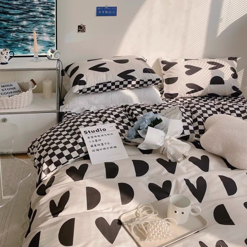 Bộ chăn ga gối Cotton Poly hoạ tiết tim khuyết màu đỏ vàng xanh đen MÂY BEDDING đủ kích thước nệm 1m2 1m4 1m6 1m8 2m