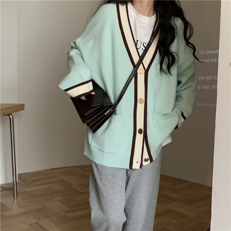 Áo len cardigan phong cách Hàn Quốc kiểu dáng rộng rãi màu sắc tương phản cho nữ 178200