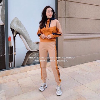 Bộ đồ nữ,quần áo thể thao thu đông dài tay màu cam phối sữa
