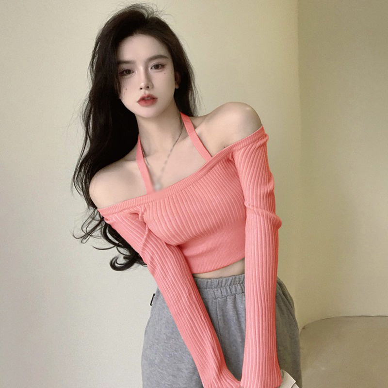 Áo Thun Dệt Kim Tay Dài Cổ Yếm Màu Sắc Trơn Phong Cách Hàn Quốc Thời Trang Cho Nữ