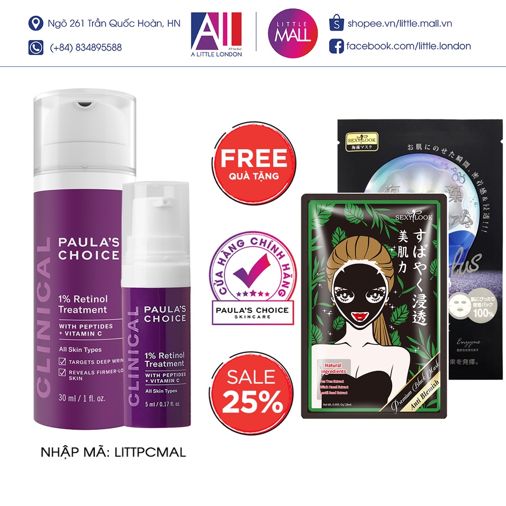 Tinh chất chống lão hóa 1% retinol Paula's Choice clinical 1% retinol treatment TẶNG mặt nạ Sexylook (Nhập khẩu)