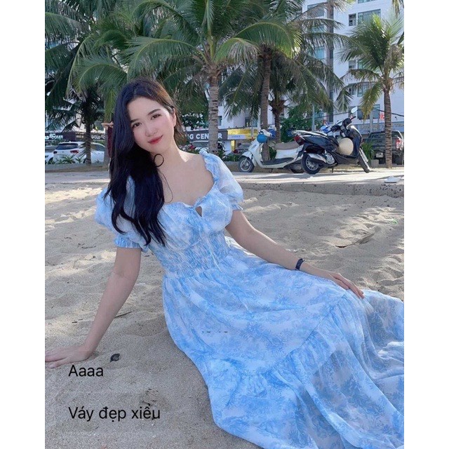 Đầm Voan Xanh Trễ Vai Dáng Xòe Đẹp Lung Linh UP