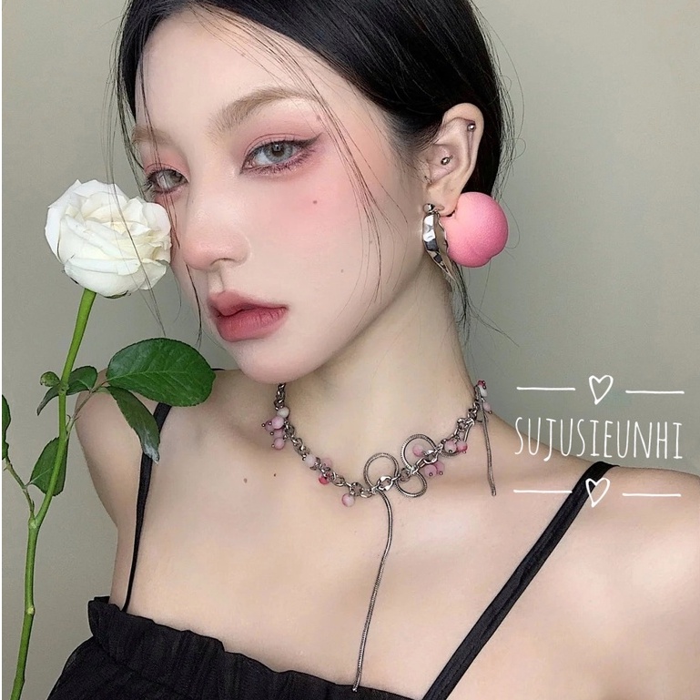 Vòng cổ chùm nho chuỗi ngọc phối xích dạng xoắn uốn lượn cá tính