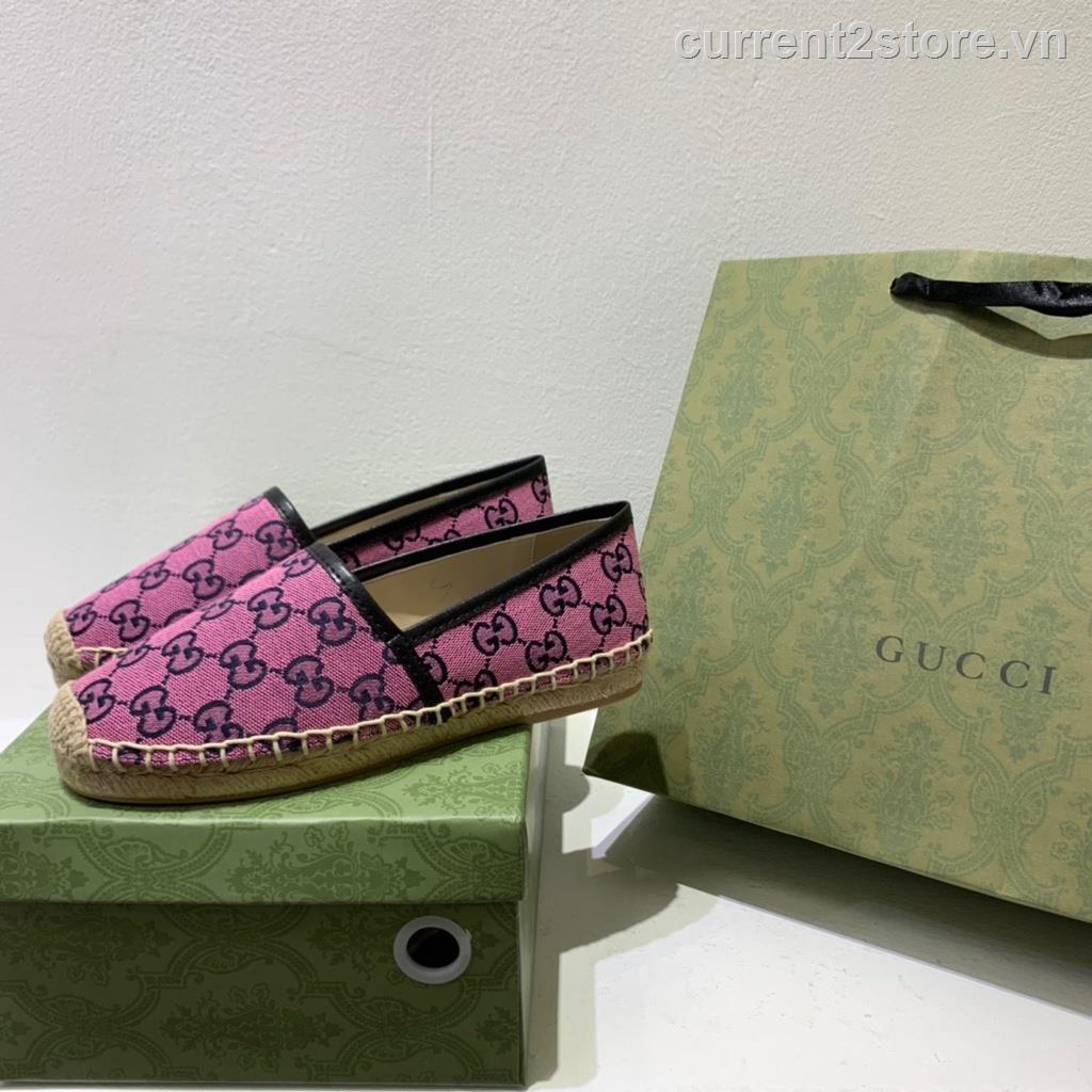 ✐Giày Lười Gucci Vải canvas Phối Da Đan Cói Thời Trang Mới Năm 2021