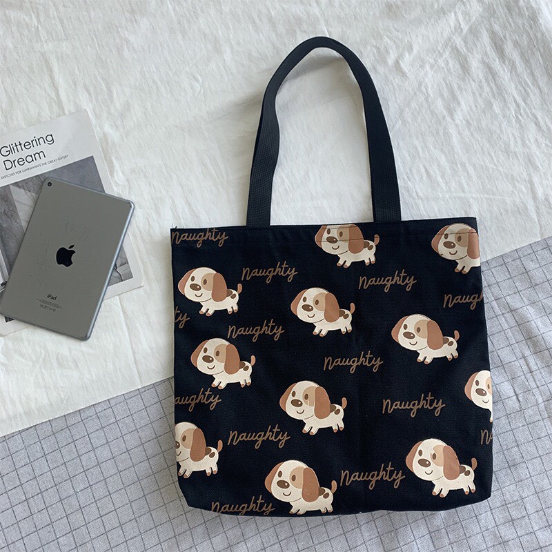 Túi tote vải canvas cao cấp đeo vai Cún Con Naughty khổ vuông cute