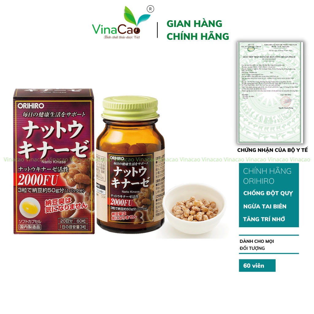 Viên uống Nattokinase Orihio 2000FU 60 viên Nhật Bản - Phòng chống đột quỵ, tai biến
