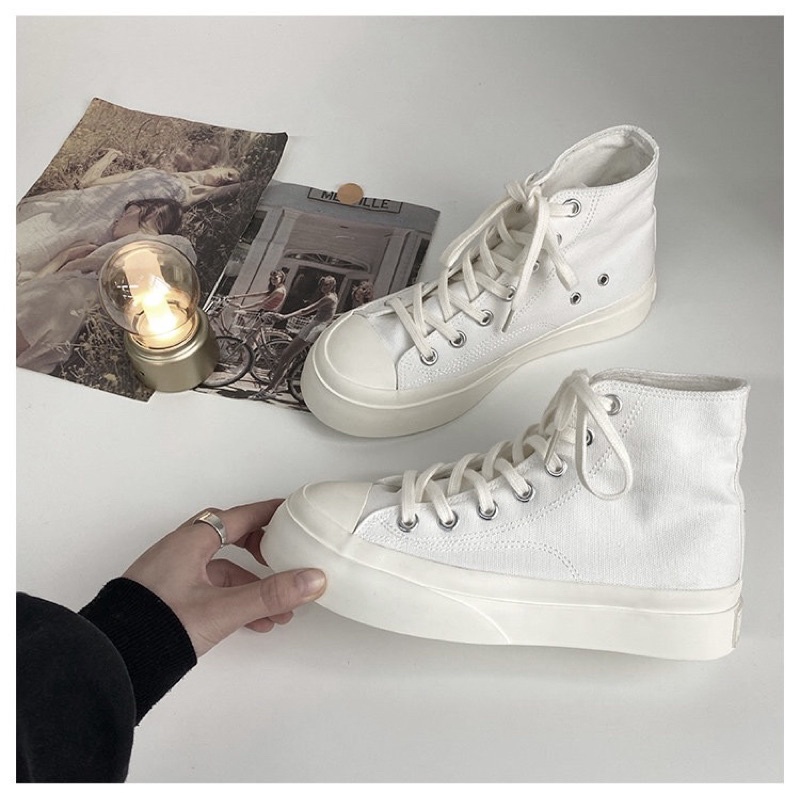 Giày cổ cao classic màu trắng, Giày sneaker nữ cổ cao phong cách ulzzang đế 4P | BigBuy360 - bigbuy360.vn