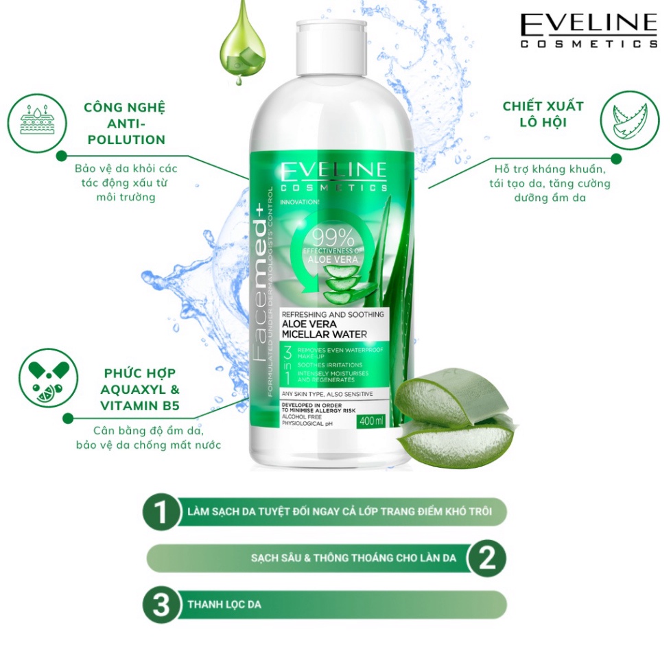 Nước Tẩy Trang Eveline Facemed+ Micellar 3 in 1 Không Cồn Và Paraben Tẩy Sạch Lớp Makeup Cho Da Nhạy Cảm