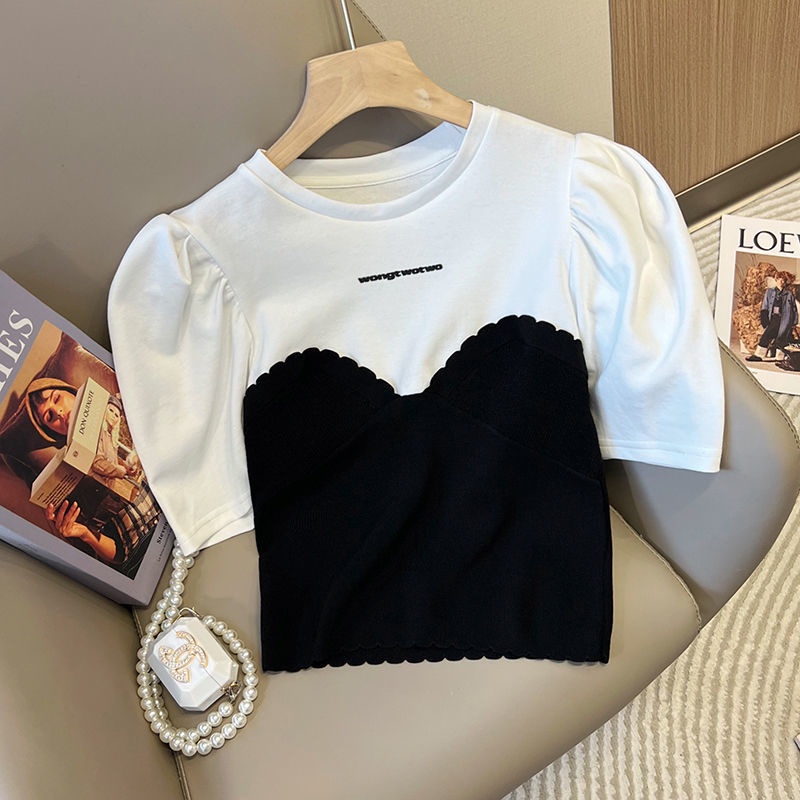 Áo Thun Tay Phồng Dáng Ôm Dệt Kim Co Giãn In Chữ Thời Trang Phong Cách Hàn Quốc