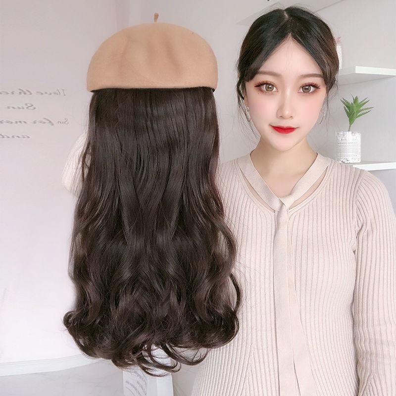 Hàng Có Sẵn Mũ Beret Che Nắng Phối Tóc Giả Xoăn Dài Thời Trang Mùa Thu Phong Cách Hàn Quốc Dễ Phối Đồ Dành Cho Bạn Nữ