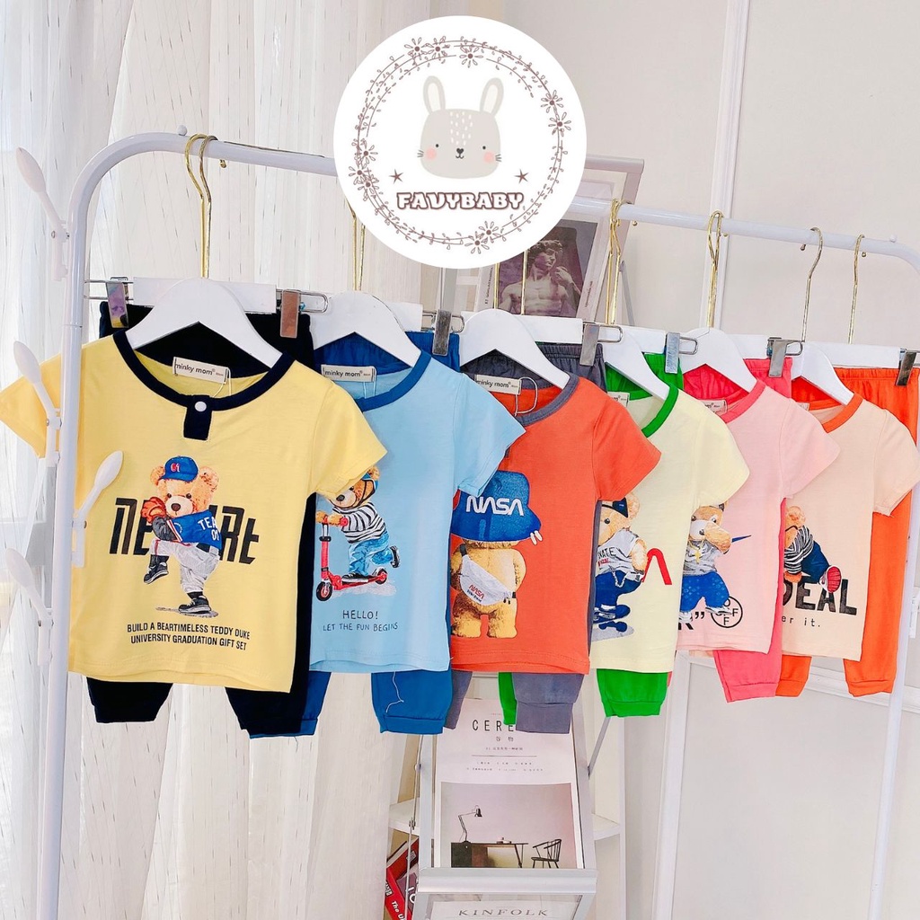 Bộ Áo Cộc Quần Dài MINKY MOM Chính Hãng Bé Trai Bé Gái Thun Lạnh Hình in Gấu Thể Thao Cho Bé 0 1 2 3 4 5 Tuổi - Favybaby