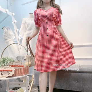 Đầm chiết eo đai lưng caro
