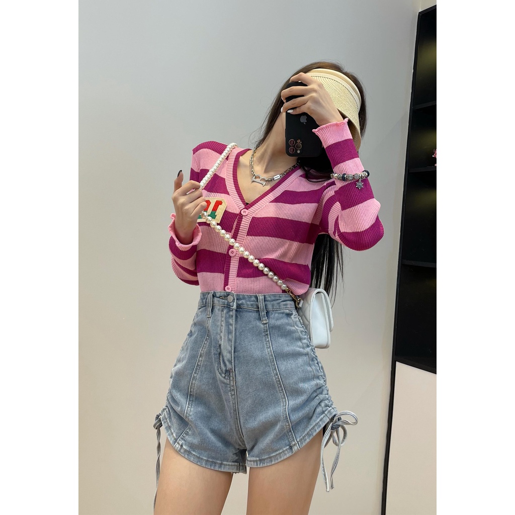 SUXI Áo Len Tay Dài Cổ Chữ V Họa Tiết Kẻ Sọc Phong Cách Retro Hàn Quốc