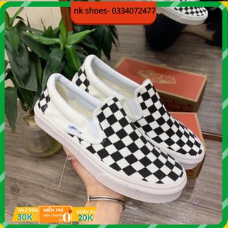 Giày Vans⚡️𝐒𝐢ê𝐮 𝐑ẻ⚡️ caro, Giày thể thao lười slipon viền trắng nam nữ full box