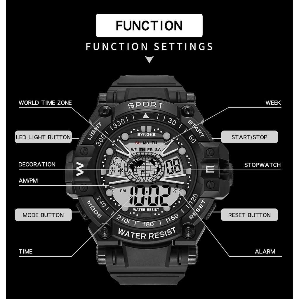 Đồng hồ điện tử thể thao thời trang trang nam cá tính dây nhựa cao cấp SYNOKE PKHRSNK015 (55 mm) | BigBuy360 - bigbuy360.vn