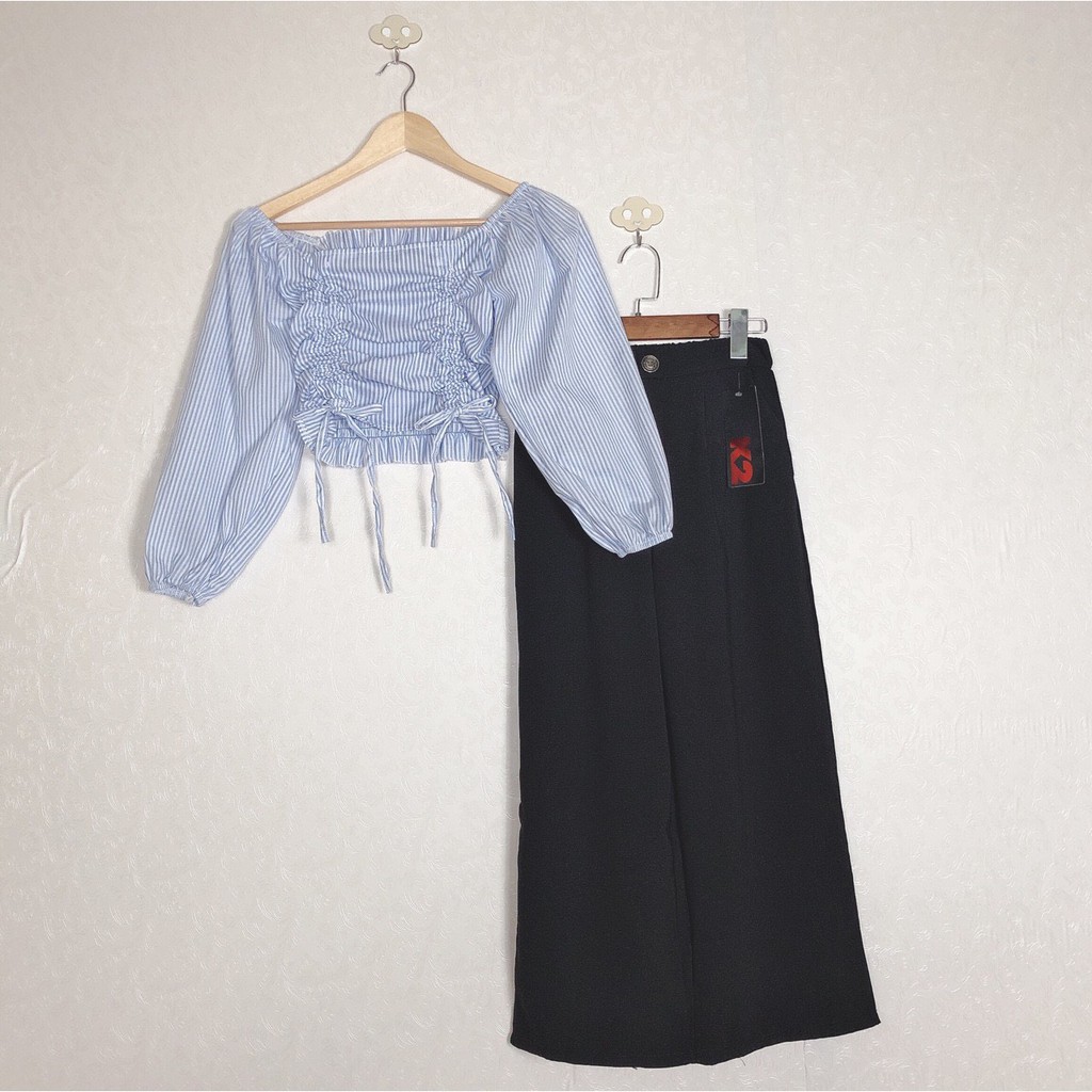 set áo rút 2 bên sọc màu xanh xinh quần ống rộng mẫu xinh