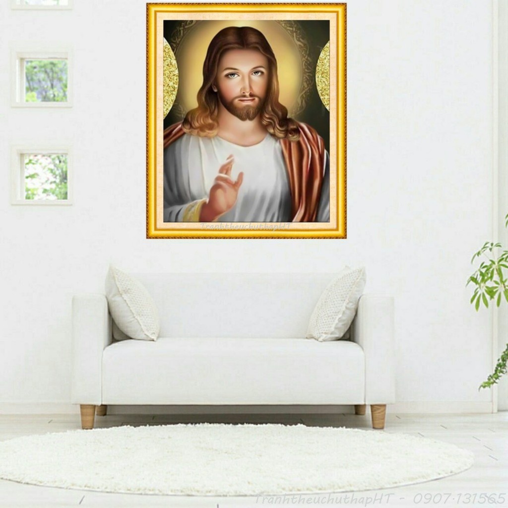 Tranh thêu chúa giesu KT:50x61cm,tranh chưa thêu.Tặng kéo và xỏ chỉ.