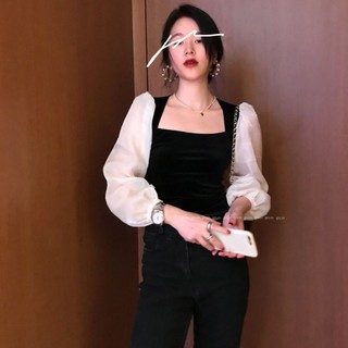 (SẴN) Áo nhung tay voan cổ kiểu