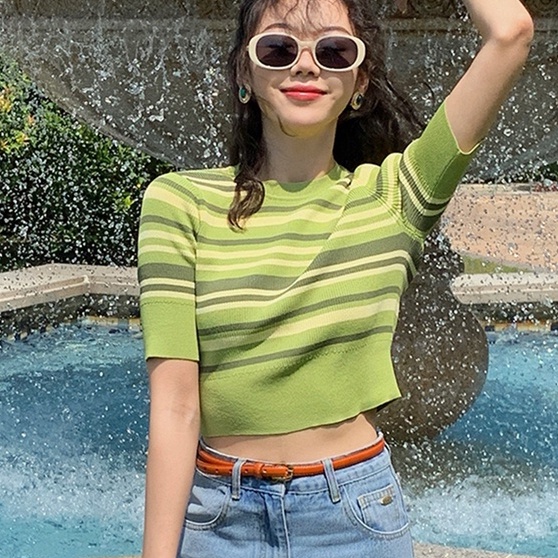 Áo dệt kim ZHELIHANGFEI ngắn tay cổ tròn họa tiết kẻ sọc trẻ trung