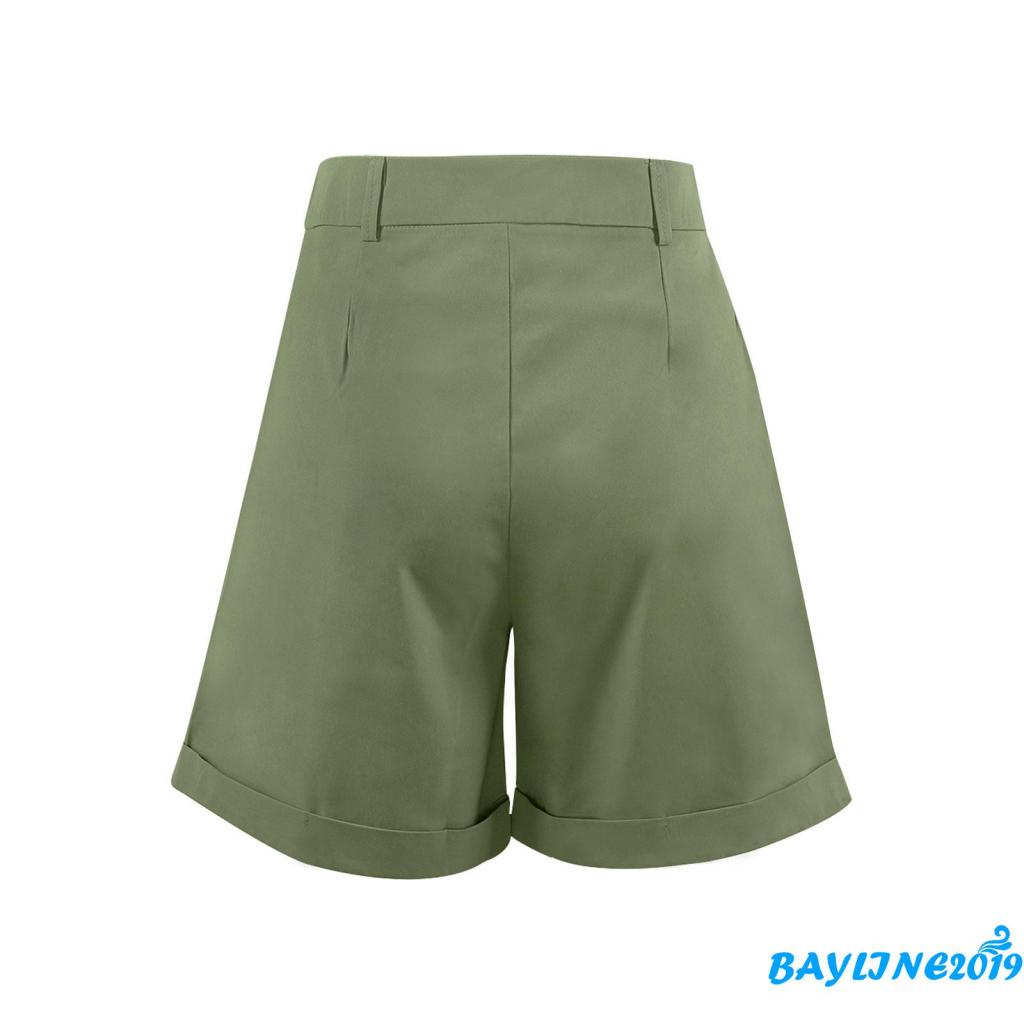 BAY-Quần ngắn ống rộng lưng cao màu trơn có túi phong cách size S/ M/ L/ XL cho nữ