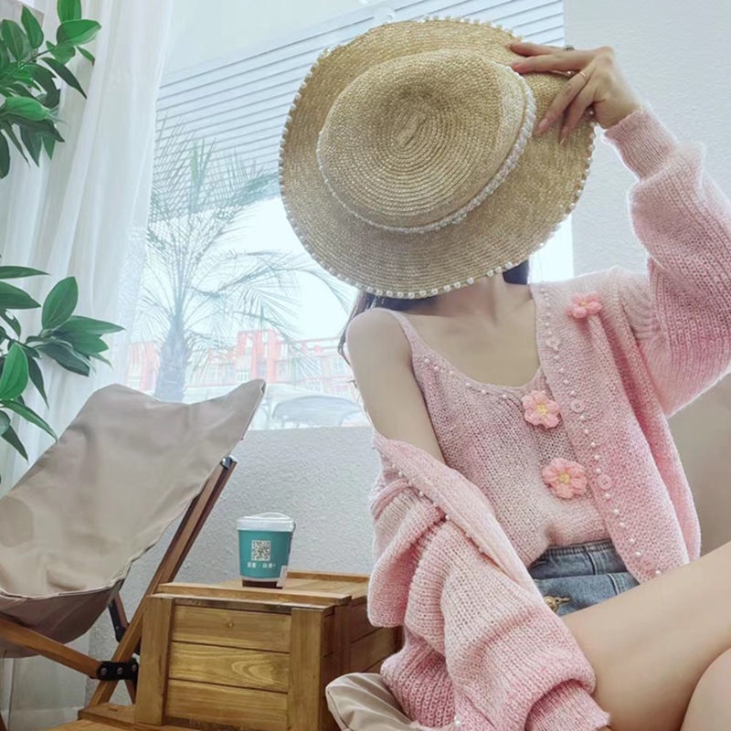 Sweet Soft Gradient Color Striped Knitted Cardigan Two-Piece Set Mori Style Small Flower Beaded Sweater Coat