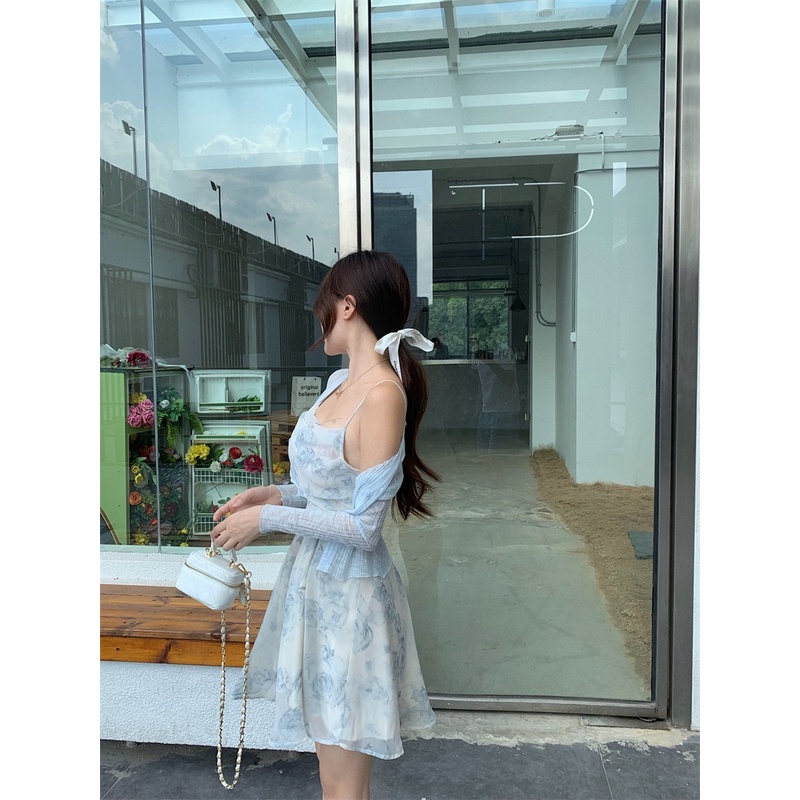 Bộ trang phục áo khoác mỏng chống nắng phối đầm hai dây dáng chữ A vải voan thời trang cho nữ (có bán lẻ)