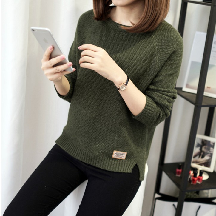 SUXI Áo dệt kim tay dài màu trơn thời trang cho nữ