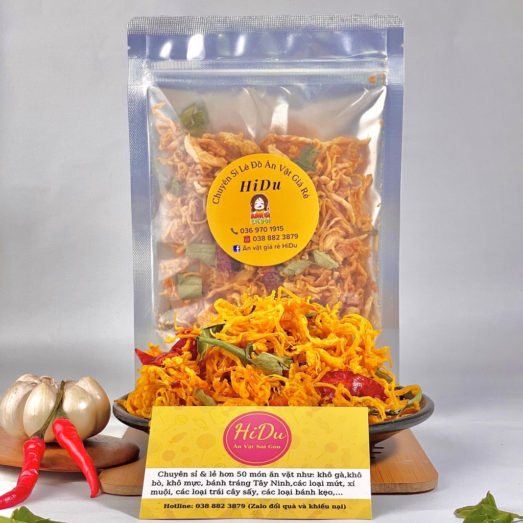 Khô gà lá chanh cay 100gr HiDu  hàng xuất khẩu sợi to cay đậm vị | BigBuy360 - bigbuy360.vn