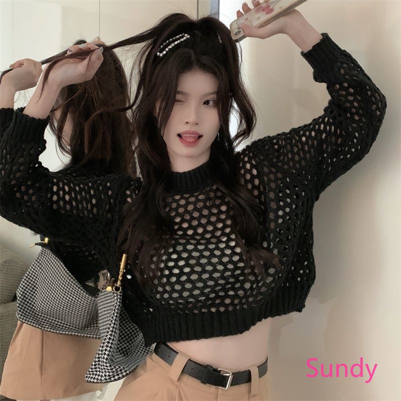 Áo Croptop Dệt Kim Tay Dài Khoét Lỗ Thời Trang Mùa Hè Cho Nữ