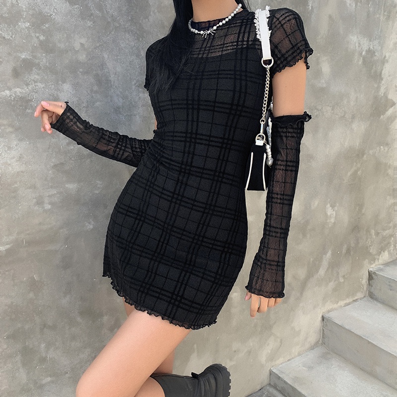 Klalien Set Đầm Ngắn Ôm Eo Màu Đen Cổ Tròn Tay Áo Gạc Kẻ Sọc Cá Tính