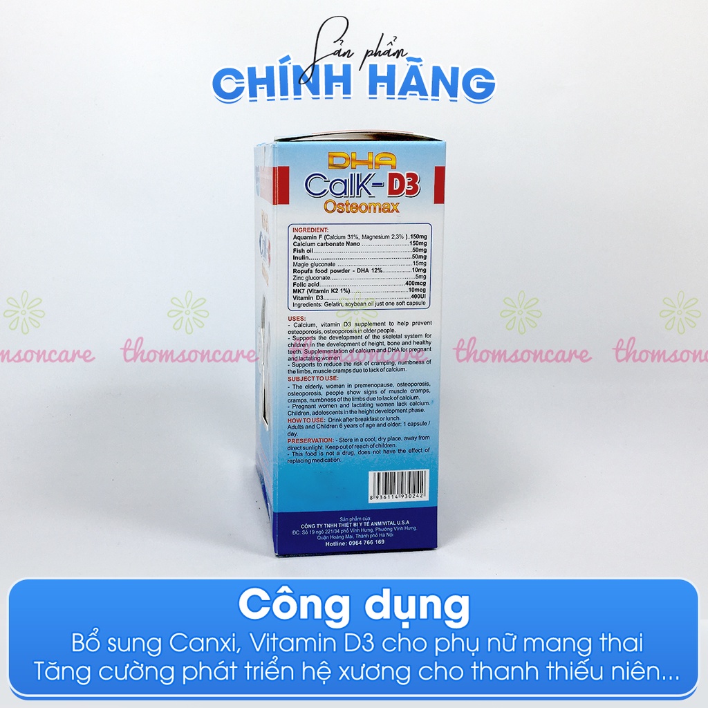 Tăng chiều cao cho trẻ từ 10 tuổi, thanh thiếu niên, bổ sung Canxi D3 từ tảo biển, dễ hấp thụ - DHA Calk-D3 Osteomax