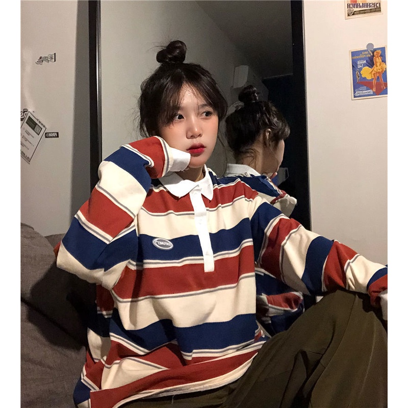 Áo thun tay dài có cổ phong cách retro