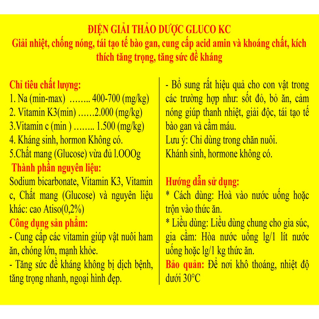 1kg ĐIỆN GIẢI GLUCO KC Giải nhiệt, chống nóng, kích thích tăng trọng, tăng sức đề kháng cho gia súc, gia cầm, chó mèo