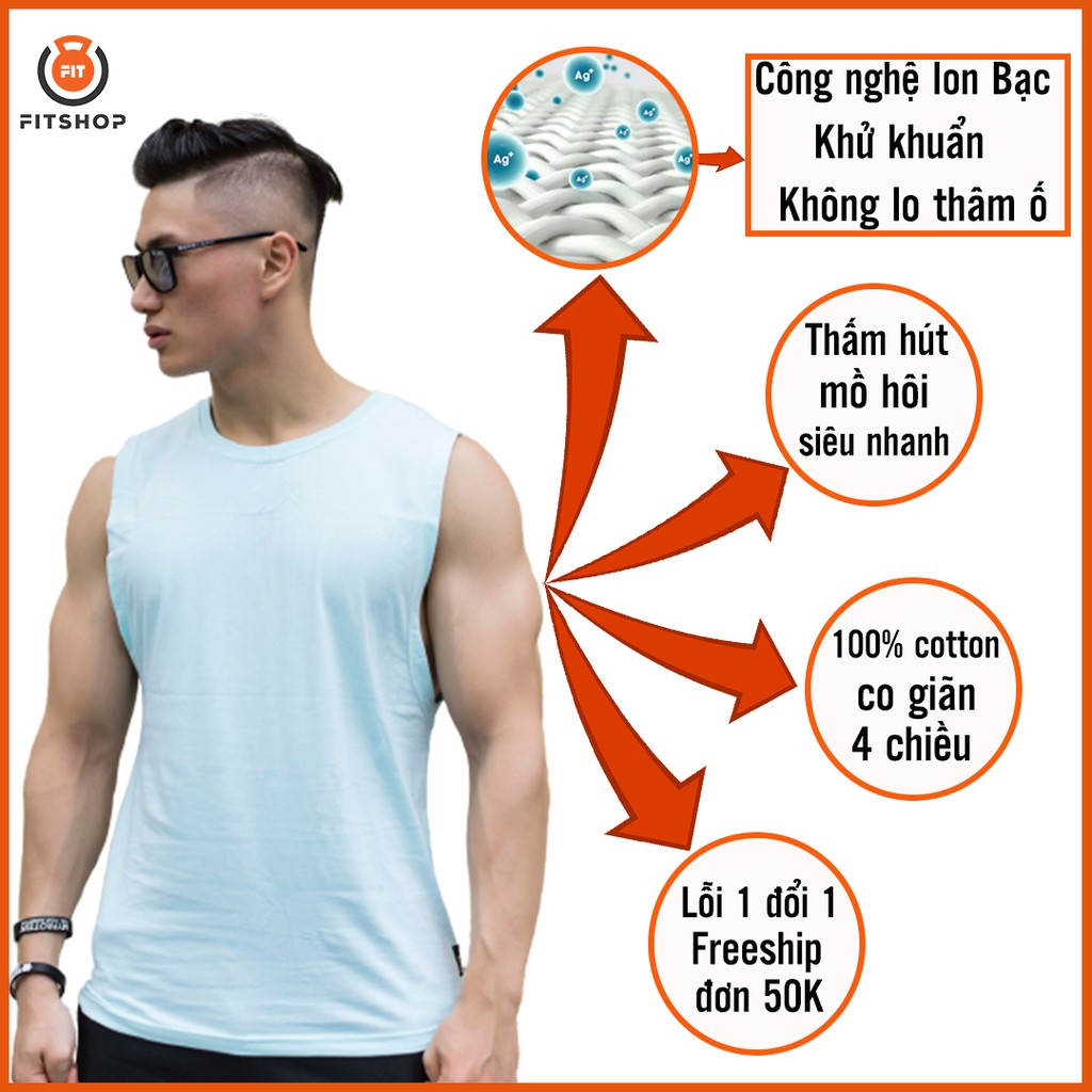 Áo Tanktop áo gym nam xanh nhạt phong cách Fitshop 100% cotton Made in Việt Nam cao cấp đẹp từng đường kim mũi chỉ