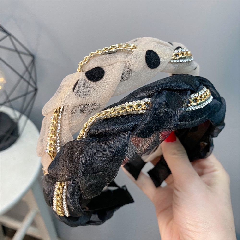 Băng Đô Bện Dây Họa Tiết Chấm Bi Phong Cách Pháp Cổ Điển Dành Cho Nữ