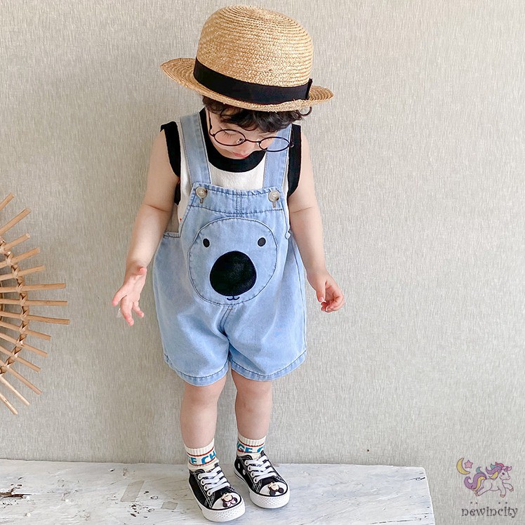 Quần yếm denim thêu họa tiết gấu ngộ nghĩnh đáng yêu phong cách Hàn Quốc thời trang cho bé