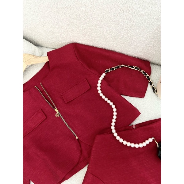 SET CROP DẠ ĐỎ DÂY KÉO + CHÂN VÁY