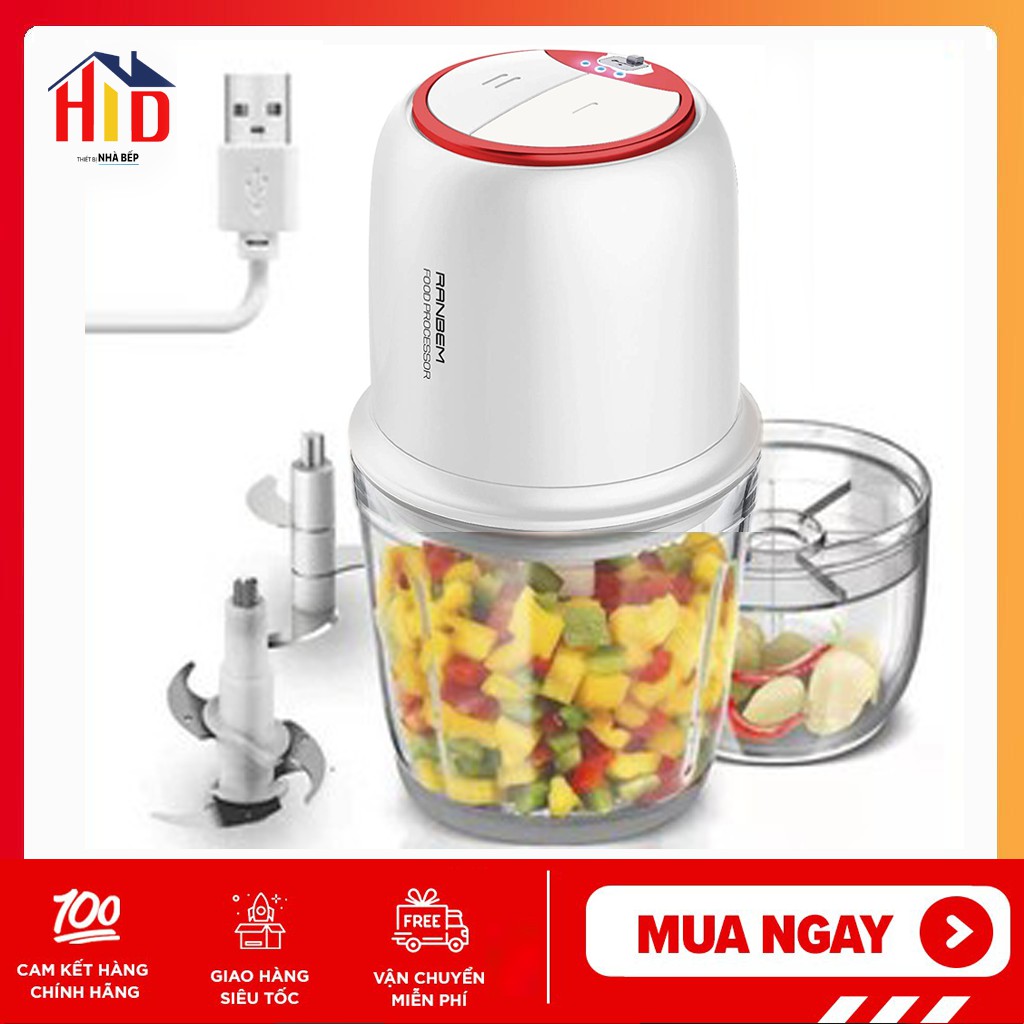 Máy Chế Biến Thực Phẩm Nhỏ, Ranbem 238B ( 2 cối xay) Máy Xay Không Dây - Máy Xay Thực Phẩm Điện Mini Thịt, Rau, Hành Tỏi